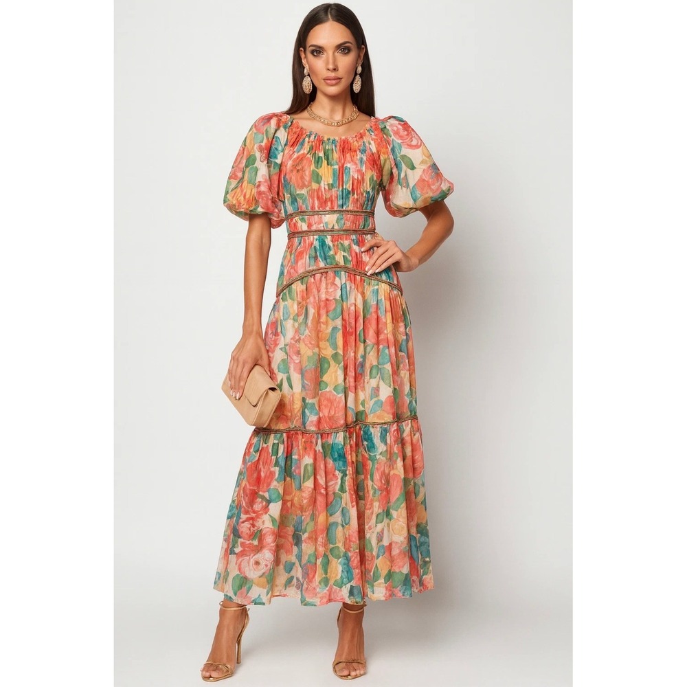 ONE33 Social sz 2 Floral Puff Sleeve Lace Up Back Maxi Dress Multicolor NWOT - Picture 1 of 9